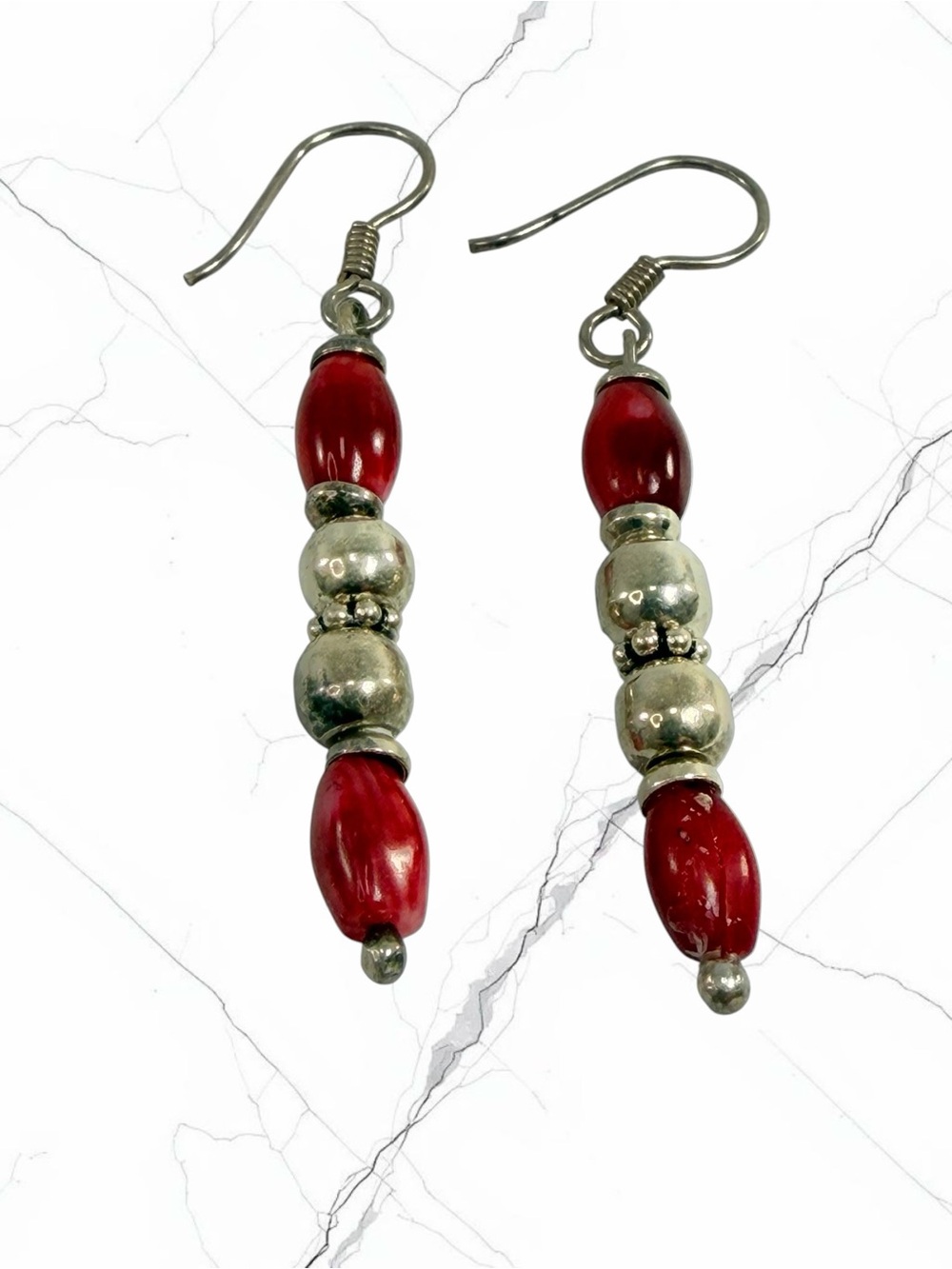 Sterling Silver Handmade Red Coral Color Beads Hook Dangle Drop Earrings Boho